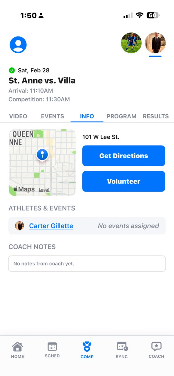 Bleachers app showing a youth athlete's event lineup with start times and results