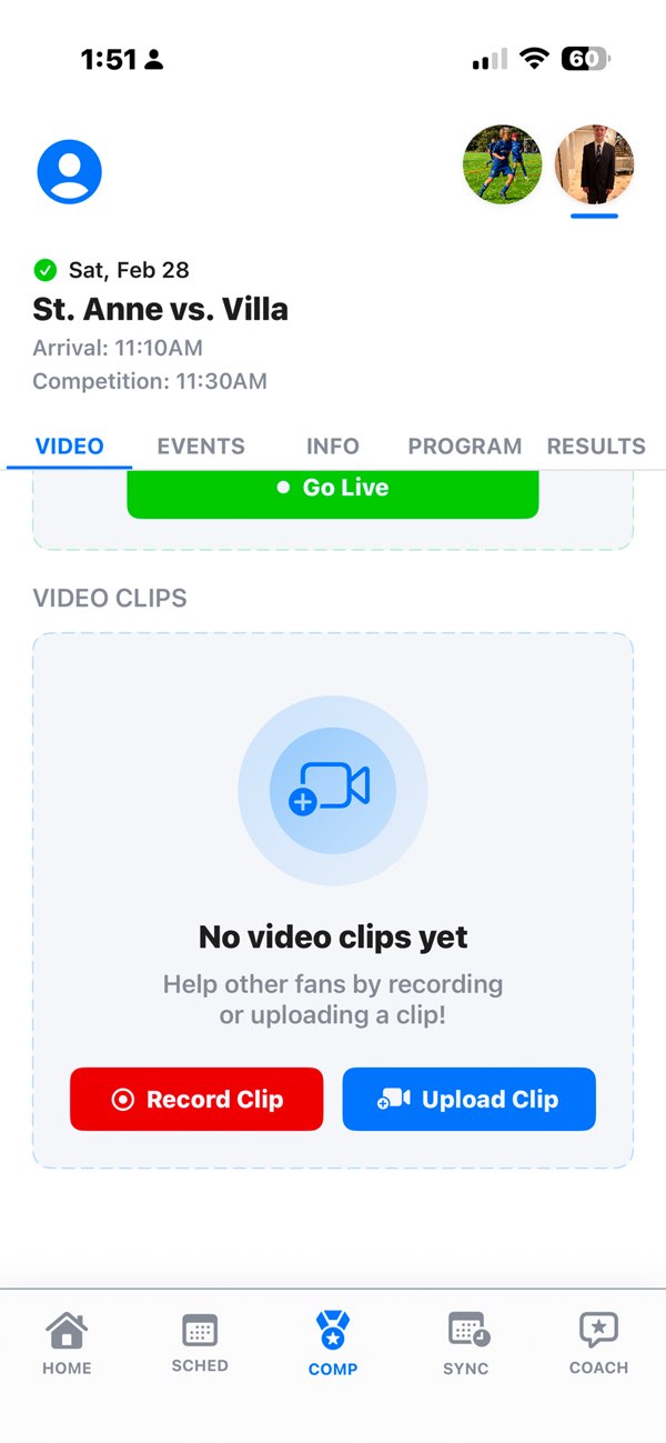 Bleachers app live-streaming a meet to family members at home