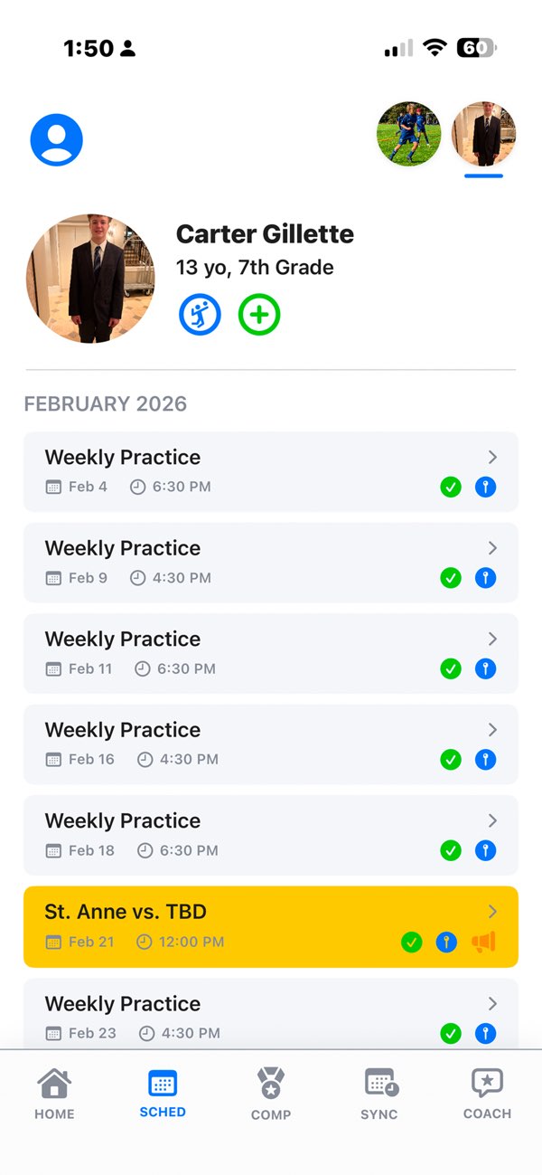 Bleachers app showing schedules, attendance tracking, and directions for a youth tennis athlete